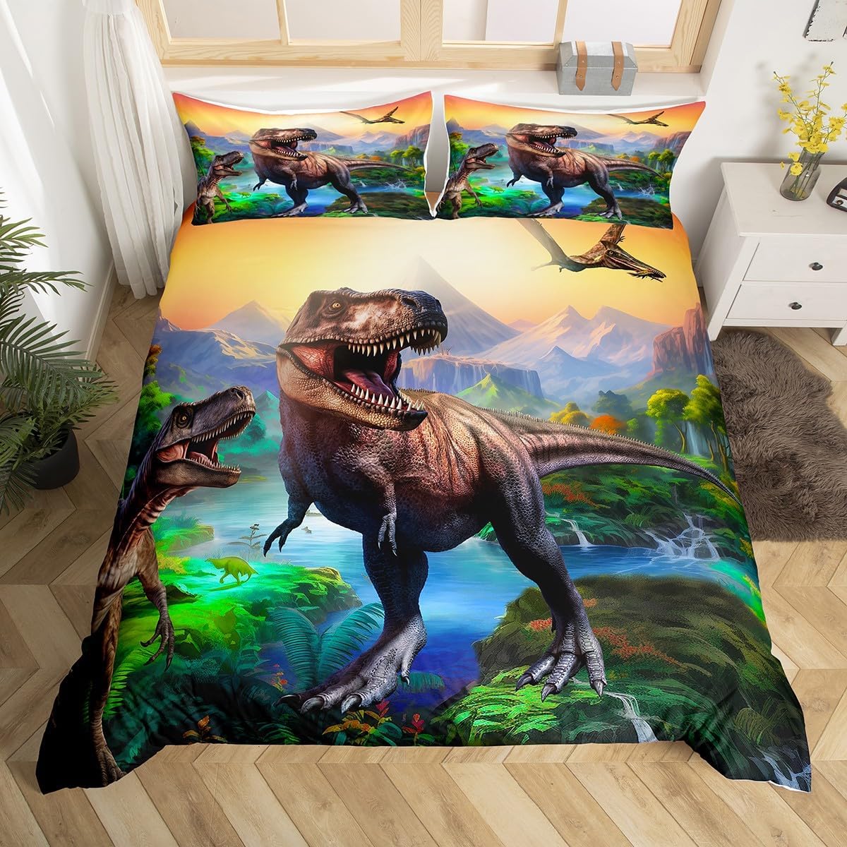 3D Printing Quilting - Set Penutup Selimut Ganda Dinosaurus Anak-anak,